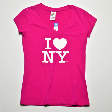 I Love NY V-Neck Ladies T-Shirts Hot Pink